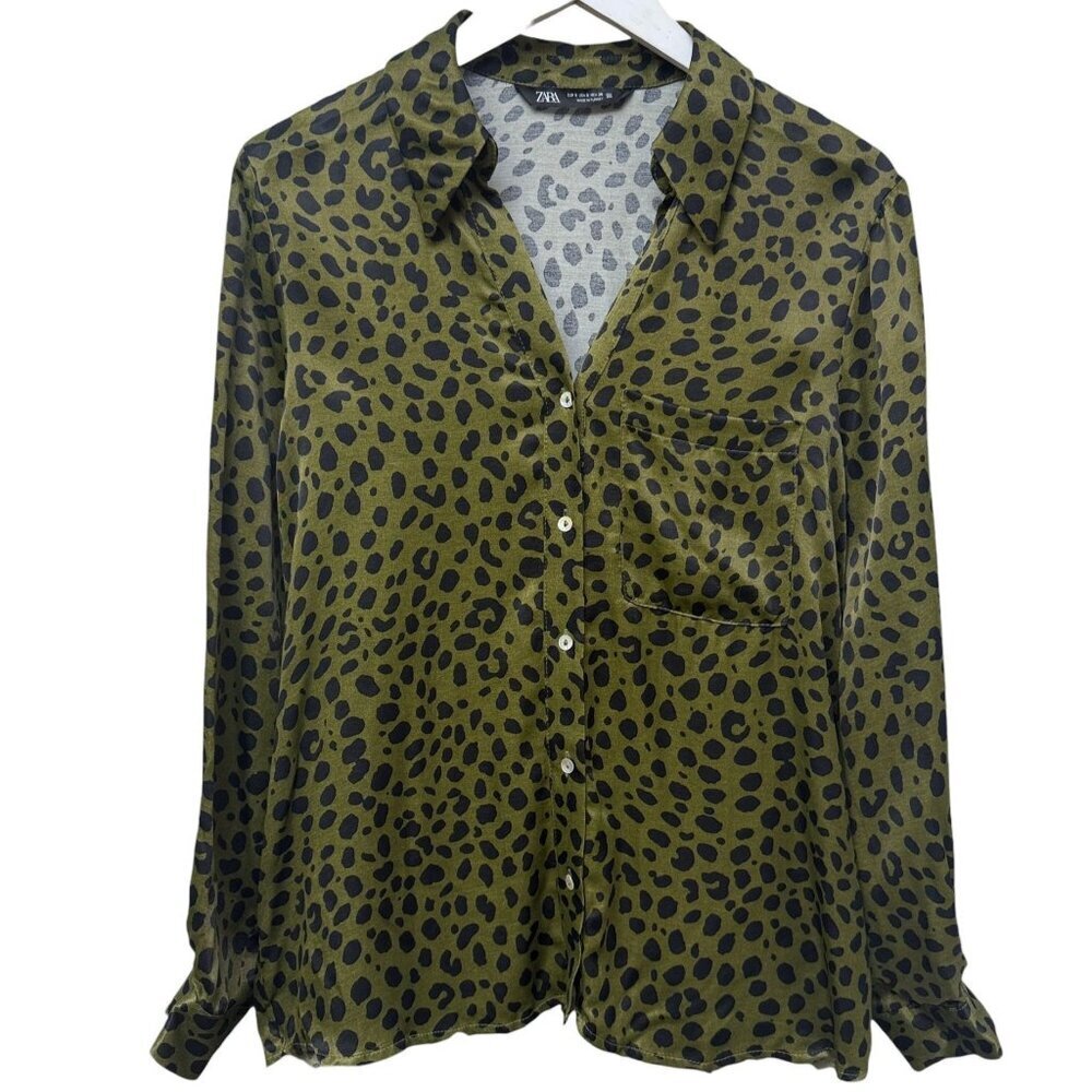 ZARA Satin Leopard Print Blouse Small Olive Green Button Front Womens Top
